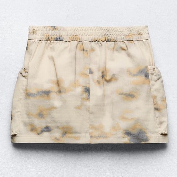 Zara New Beige COTTON Mini Cargo Skirt S Camouflage Elastic Waist Drawstring - Picture 5 of 12
